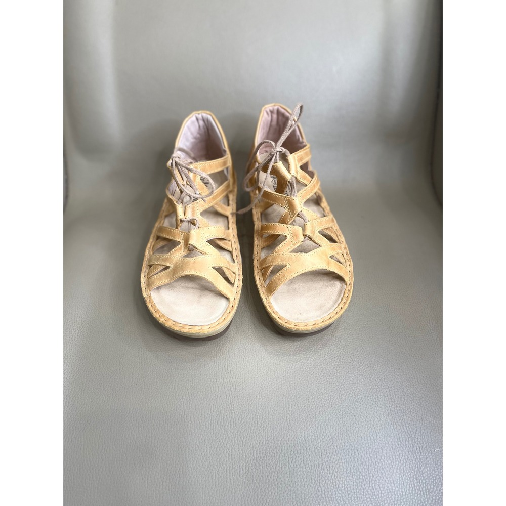Naot Tan Leather Lace Up Gladiator Wedge Sandals Caged Strappy Shoes EU 37 US 6